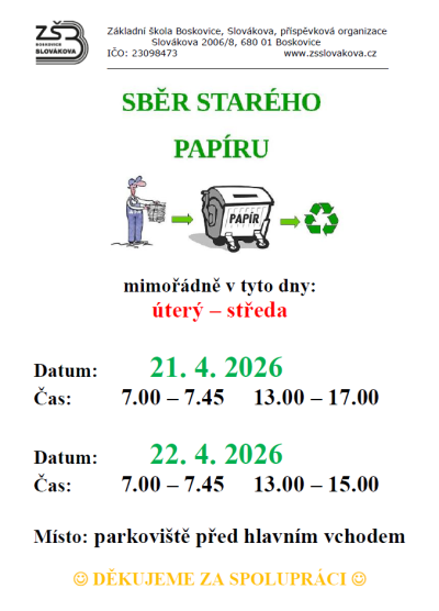 Sběr starého papíru, 21. a 22. 4. 2026